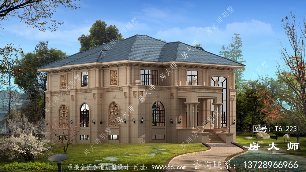 欧式二层石材高档复式别墅效果图