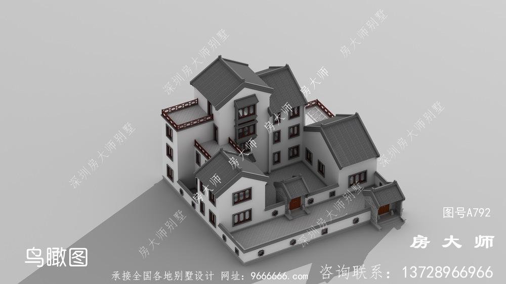 中式四层别墅设计图，包括外观效果图。