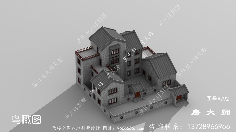 中式四层别墅设计图，包括外观效果图。