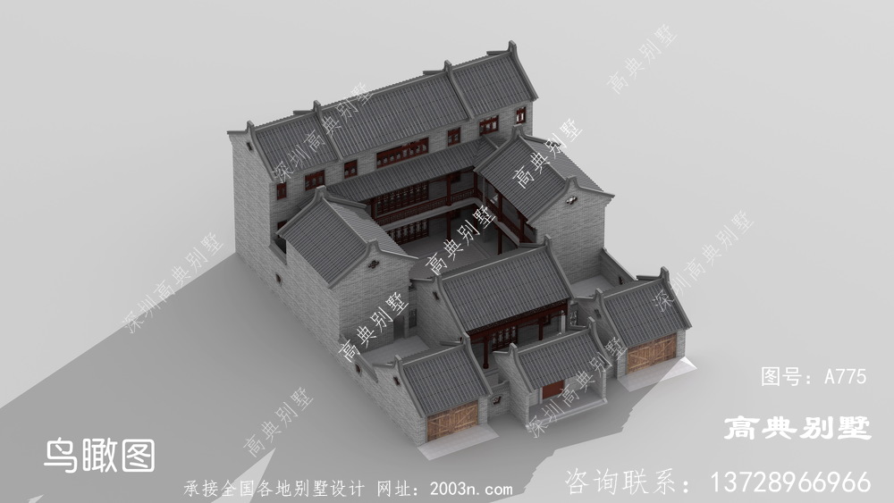 中式带庭院三层别墅设计图