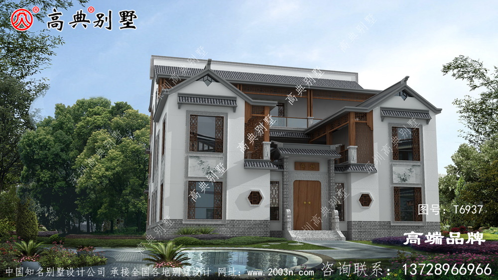新中式三层时尚别墅外观效果图