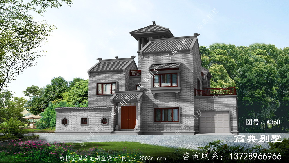 中式两层别墅设计图，屋顶带观景凉亭